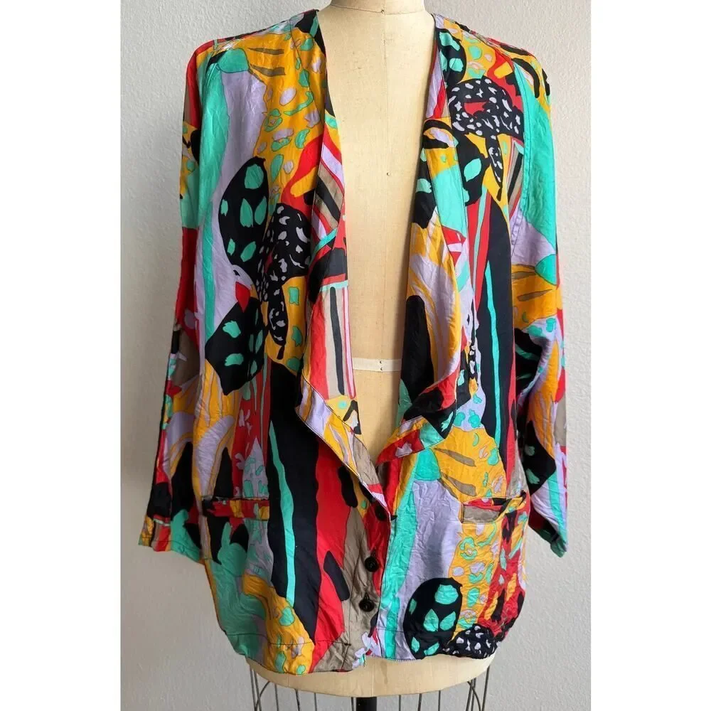 AR USAGI Vintage 80s Retro 100% Silk Blazer Bold Amazing sz Medium EUC